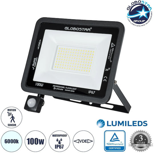 GloboStar Atlas Wasserdicht LED Flutlicht 100W Kaltweiß 6000K mit Bewegungssensor IP67