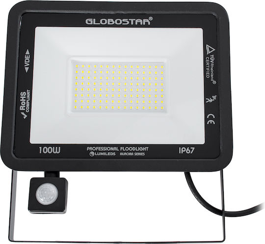 GloboStar Atlas Wasserdicht LED Flutlicht 100W Kaltweiß 6000K mit Bewegungssensor IP67