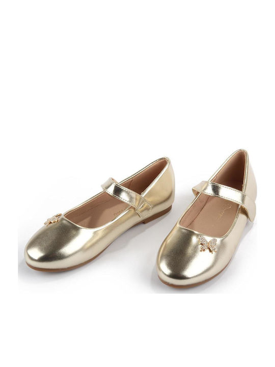 Kids Patent Leather Ballerinas with Hoop & Loop Closure Gold