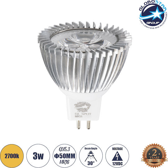 GloboStar Λάμπα LED 3W 160mm για Ντουί GU5.3 και Σχήμα MR16 Θερμό Λευκό 260lm