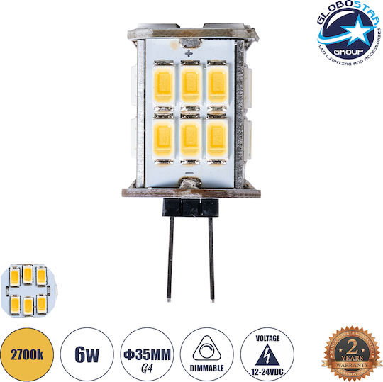 GloboStar Λάμπα LED 6W για Ντουί G4 Θερμό Λευκό 600lm Dimmable