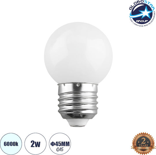GloboStar Λάμπα LED 2W 70mm για Ντουί E27 και Σχήμα G45 Ψυχρό Λευκό 130lm Dimmable