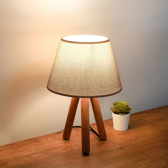 GloboStar Cap Wood Table Lamp for Socket E27 with Beige Shade and Brown Base