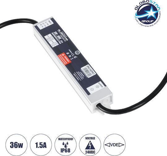 GloboStar Регулируемо Dimmable LED Захранване Водоустойчиво IP68 Мощност 36W с Изходно Напрежение 24V