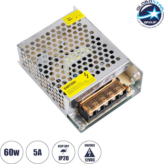 GloboStar Ρυθμιζόμενο Dimmable Τροφοδοτικό LED IP20 Ισχύος 60W με Τάση Εξόδου 12V
