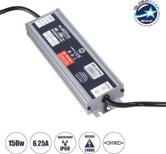 GloboStar Einstellbar Dimmbar LED-Netzteil Wasserdicht IP68 Leistung 150W mit Ausgangsspannung 24V