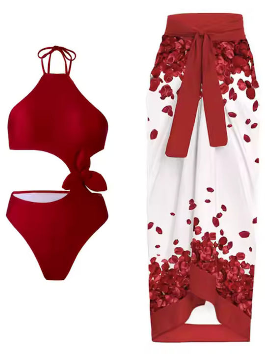 Ολόσωμο Μαγιό με Ανοίγματα & Ενίσχυση Floral Κόκκινο