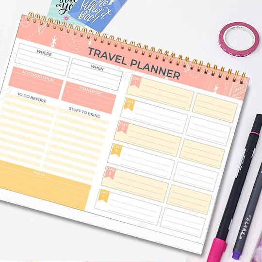 Agendă Planificator de Călătorii în Engleză Organizator Complet Vacanțe Excursii Legătură Spiralată 52 Pagini 25 X 18 Cm Hârtie 120 Gsm Alb Portocaliu