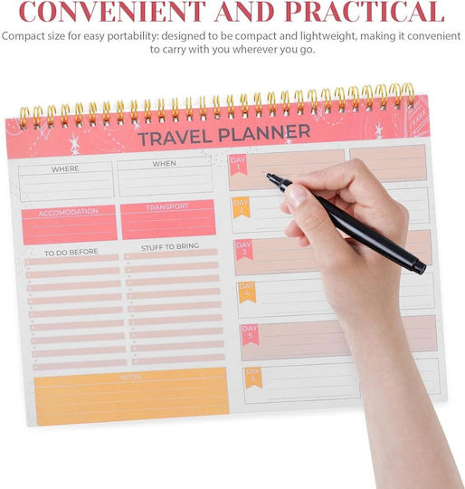 Agendă Planificator de Călătorii în Engleză Organizator Complet Vacanțe Excursii Legătură Spiralată 52 Pagini 25 X 18 Cm Hârtie 120 Gsm Alb Portocaliu
