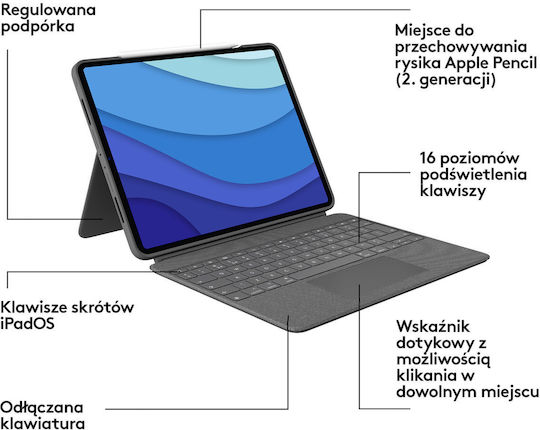 Logitech Combo Touch Flip Cover με Πληκτρολόγιο στα Αγγλικά US Γκρι (iPad Pro 2021 12.9" / iPad Pro 2022 12.9'')