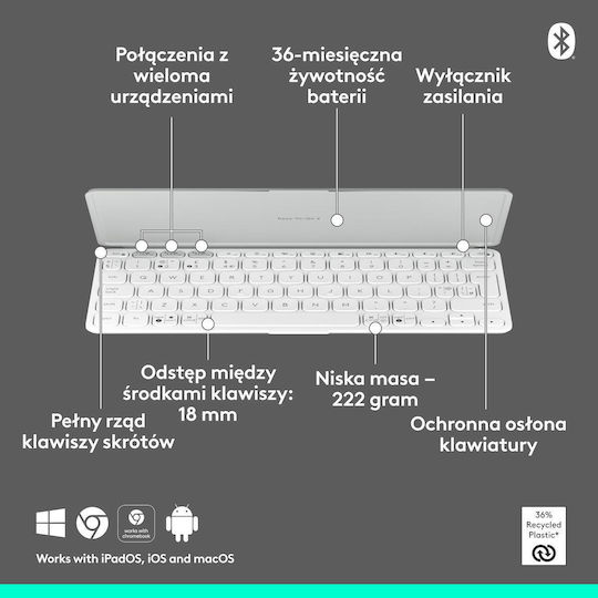 Logitech Keys To Go 2 Ασύρματο Bluetooth Πληκτρολόγιο για Tablet Αγγλικό US LightGray