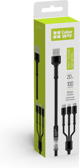 ColorWay Braided USB to Lightning / Type-C / micro USB Cable 4A Γκρι 1.2m (CW-CBU3003-GR)