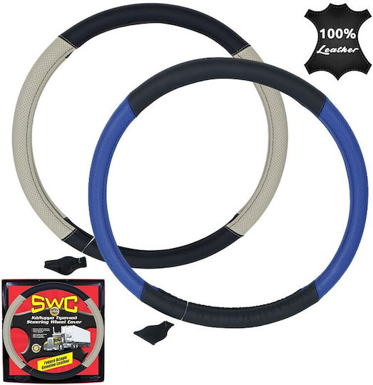 Autoline Car Steering Wheel Cover with Diameter 45cm Leather Blue with Black Stitching