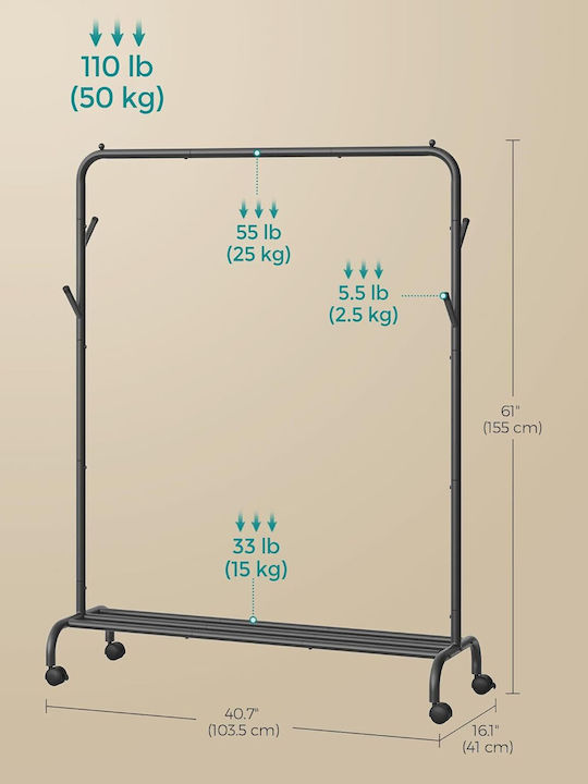 Songmics Wheeled Floor Garment Rack made of Metal Black 103.5x41x155cm