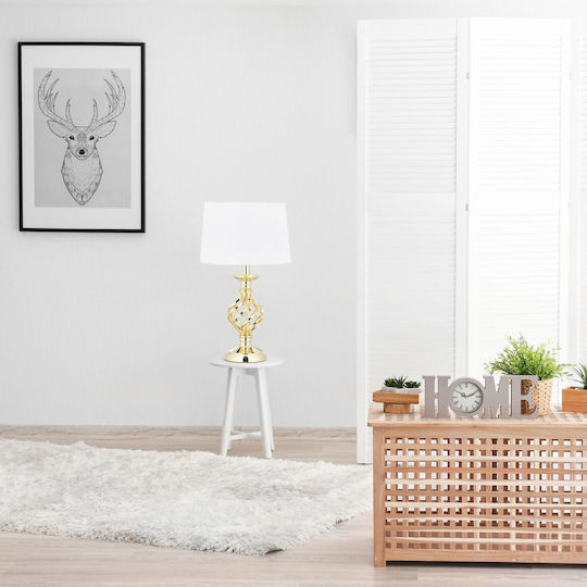 Relaxdays Stoff Tischlampe für Fassung E14 mit Weiß Schirm und Gold Basis