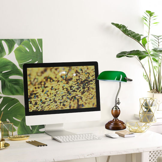 Relaxdays Wood Table Lamp for Socket E27 with Green Shade and Brown Base