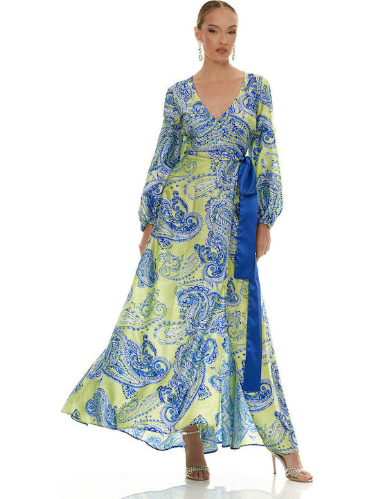 Rochie De Vară Maxi Pentru Nuntă / Botez Satin Albastru-Galben