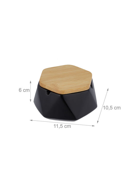 Capac Cenușar Hexagonal Ceramică Bambus 3 Suporturi pentru Țigări Negru Maro 6 X 11.5 X 10.5 Cm