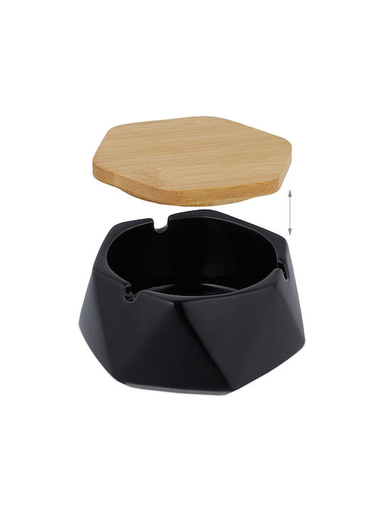 Capac Cenușar Hexagonal Ceramică Bambus 3 Suporturi pentru Țigări Negru Maro 6 X 11.5 X 10.5 Cm