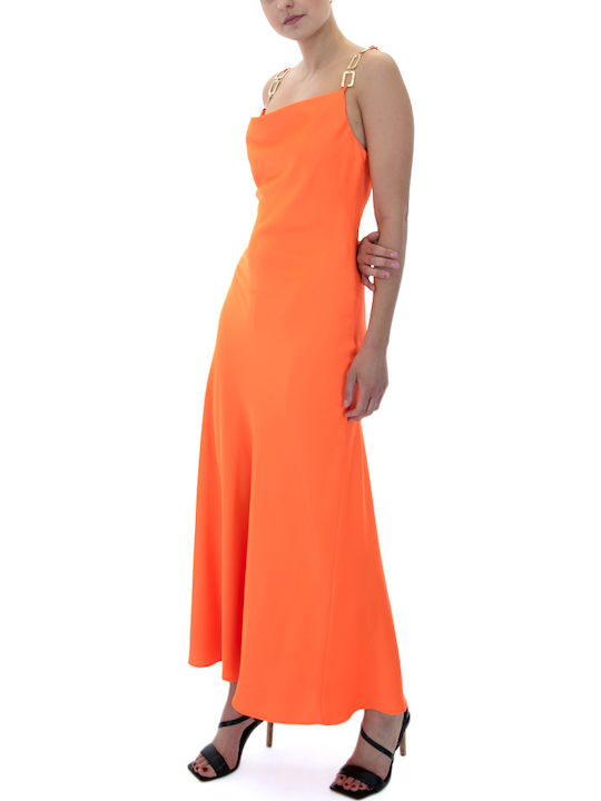 Summer Maxi Evening Dress Satin Draped Orange