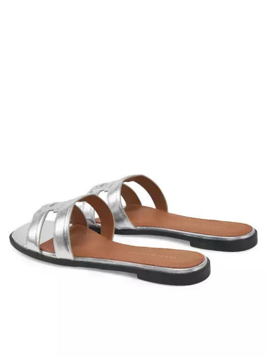Leather Women's Flat Sandals in Silver Color