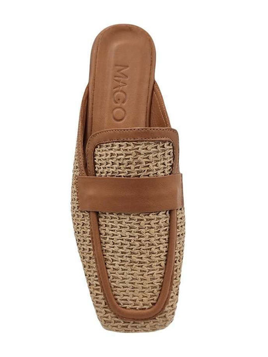 Flat Leather Mules in Tabac Brown Color