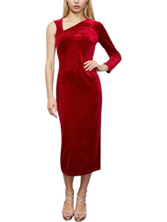 Midi Evening Dress Velvet with Slit Red