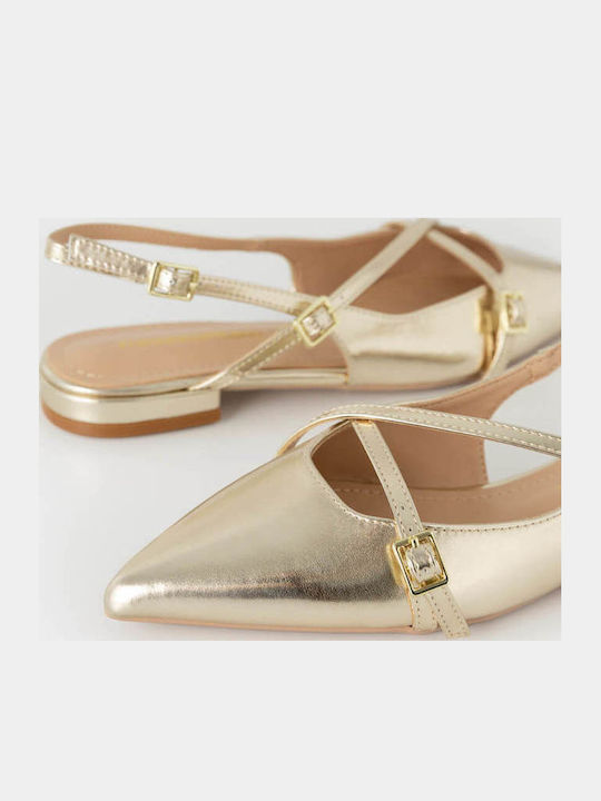 Leather Pointy Slingback Ballerinas With strap Gold