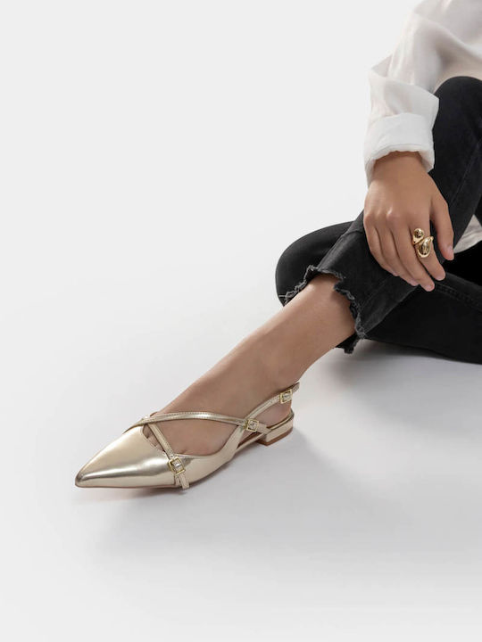 Leather Pointy Slingback Ballerinas With strap Gold