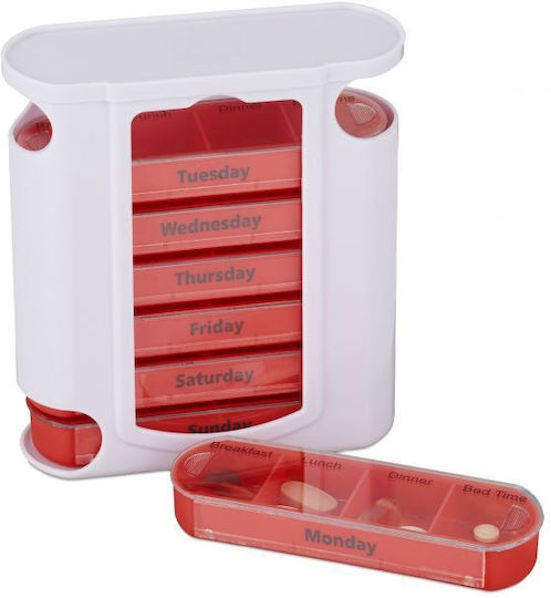 Organizator drăguț de pastile săptămânal de la Relaxdays, recipiente detașabile, 4 compartimente, alb roșu, 13 x 11.5 x 4.5 cm