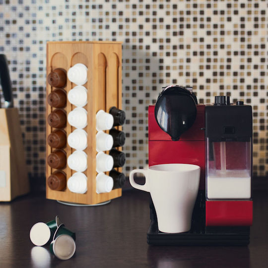 Suport rotativ pentru capsule de cafea tip Dolce Gusto, 8 compartimente, din bambus, poate susține până la 56 de capsule, 40,5 x 14 x 14 cm, Relaxdays