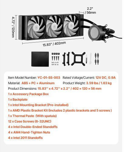 Vevor AIO Water Cooling System for CPU with 3 120mm Fans and ARGB Lighting