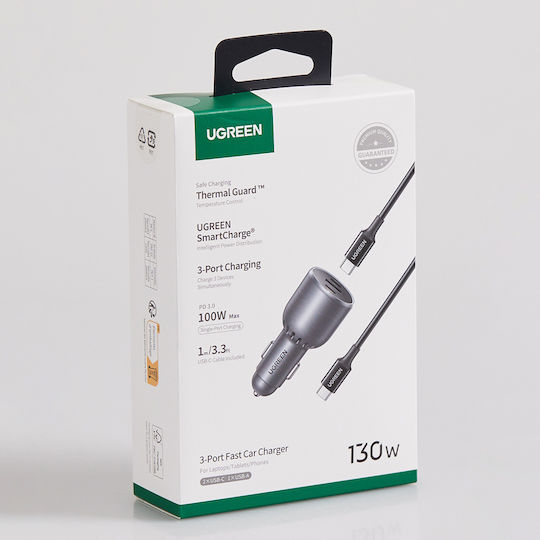 Ugreen Auto-Ladegerät 130W Schnellladung mit Anschlüssen: 2xUSB 2xType-C mit Kabel Typ-C,TC-TC Gray Farbe
