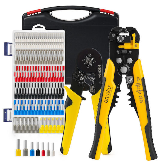 Onuvio Electric Cable Crimping Kit Ferrules Automatic Stripping Tool Crimping Tool 4 Self-adjusting Jaws Automatic Return 0.25-10mm 1900 Terminal Pins Carrying Case