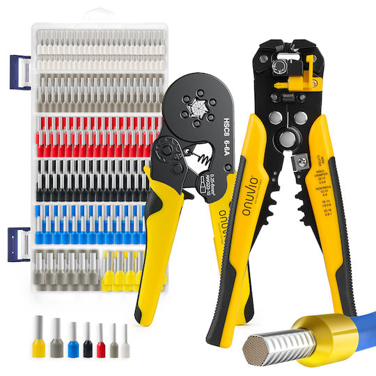 Onuvio Elektrisches Kabel-Crimp-Set Aderendhülsen Automatisches Abisolierwerkzeug Crimpwerkzeug 6 selbstjustierende Backen Automatische Rückkehr 0,25-6 mm 1900 Anschlussstifte