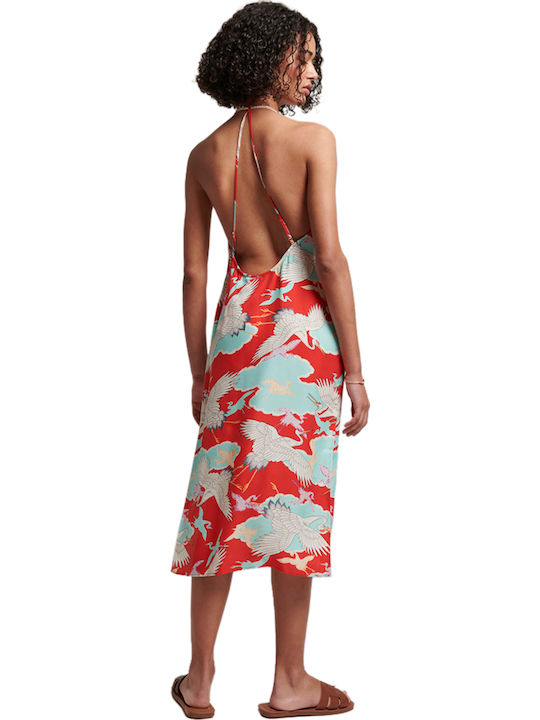 Summer Midi Slip Dress with Tearing Red