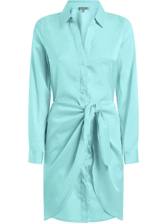 Mini Evening Shirt Dress Satin Wrap Turquoise