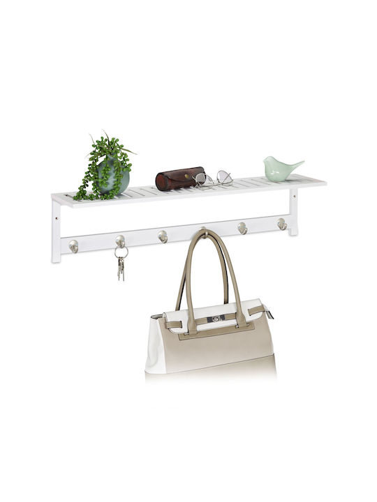 Raft cuier de perete 6 cârlige bambus metal dimensiuni 18 x 75 x 16 cm alb Relaxdays