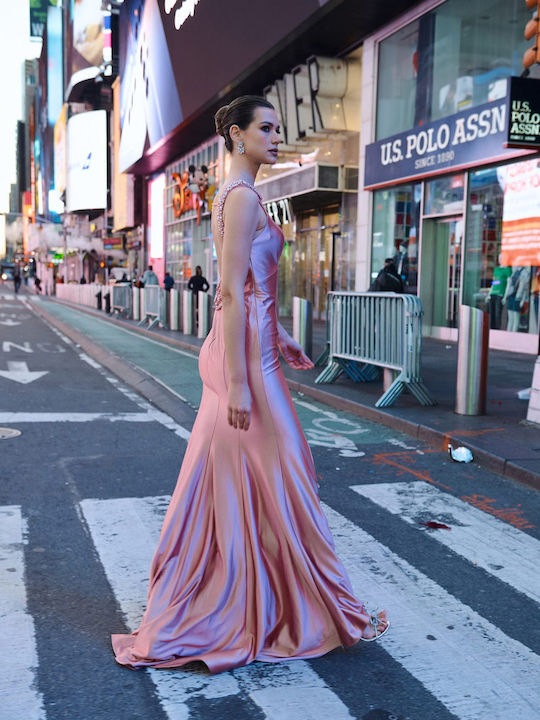 Maxi Dress for Wedding - Christening Satin Open Back Pink