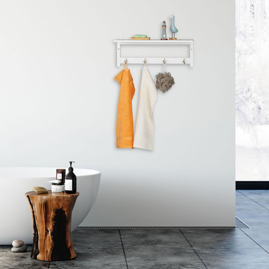 Wall Shelf Hallway 4 Hooks Relaxdays White Made Bamboo 17.5 X 50 X 16 Cm