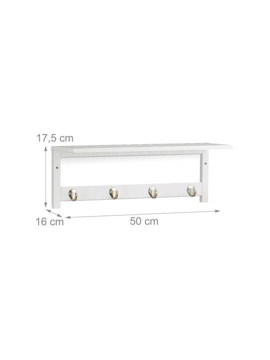Wall Shelf Hallway 4 Hooks Relaxdays White Made Bamboo 17.5 X 50 X 16 Cm