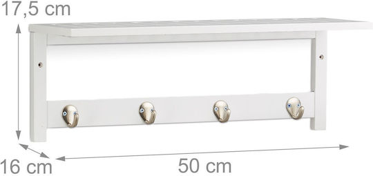 Wall Shelf Hallway 4 Hooks Relaxdays White Made Bamboo 17.5 X 50 X 16 Cm