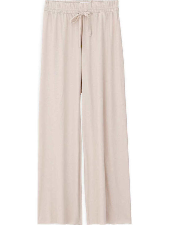 Women's High-waisted Fabric Trousers with Elastic in Loose Fit Ecru