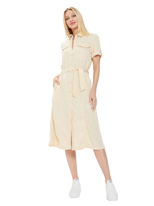 Dress Καλοκαιρινό Midi Σεμιζιέ Φόρεμα Μπεζ