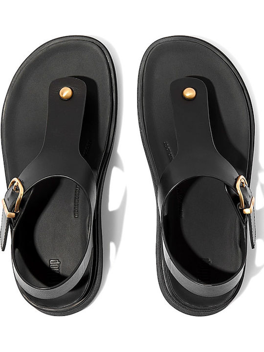 Leather Women's Flat Sandals in Black Color