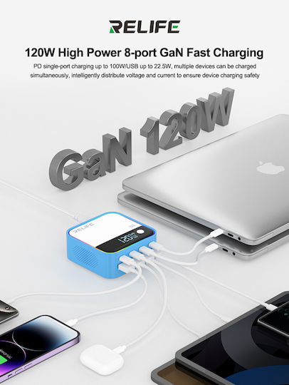 Relife Suport de Încărcare GaN cu 4 Porturi USB-A și 4 Porturi USB-C 120W Livrarea energiei în culoarea Albastru (Q2)