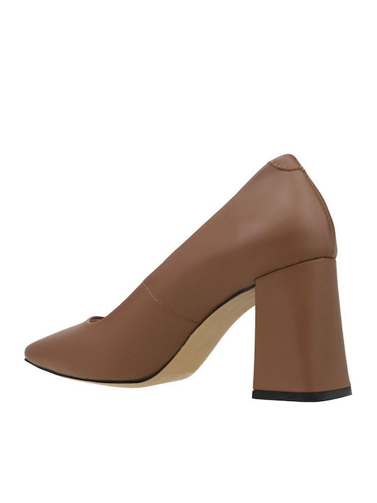 Leather Heels with Chunky Medium Heel Brown