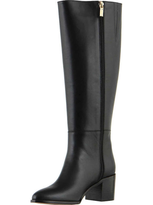 Leder Damenstiefel mit mittlerem Absatz Schwarz