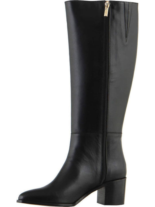 Leder Damenstiefel mit mittlerem Absatz Schwarz