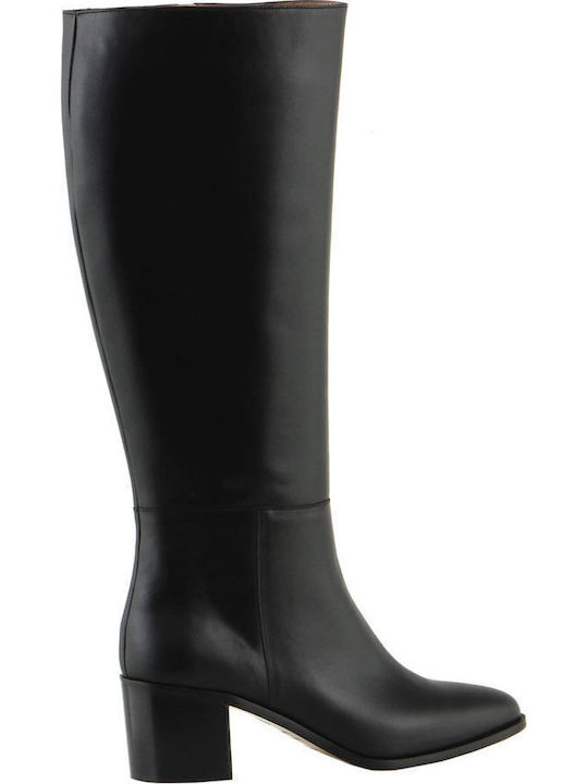 Leder Damenstiefel mit mittlerem Absatz Schwarz